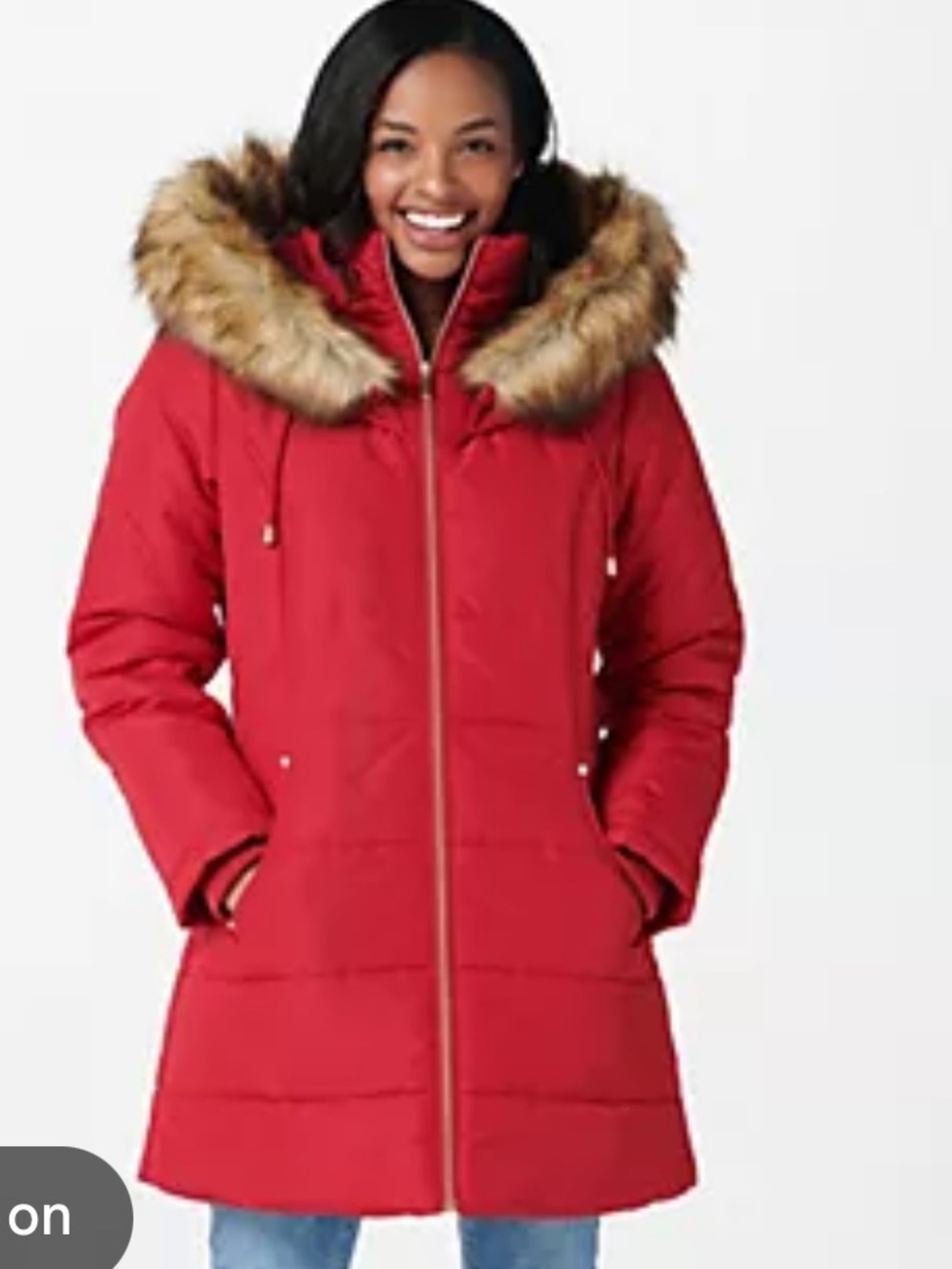 Susan Graver Red Puffer Coat with Faux Fur Hood Mid-Length 3X